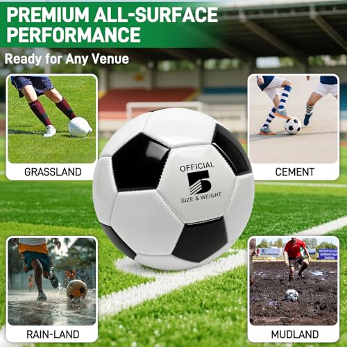 4 Pack Soccer Balls Size 5/4/3 Bulk with Pump, Carry Net, Needles - Pelota De Futbol Official Size Training Practice & Match Ball - Ideal Soccer & Birthday Gift - color: Black-White, size: Size 5