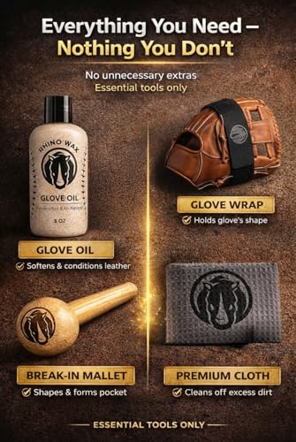 Rhino Wax - Baseball Glove Break-in Kits - May Include Premium Oil for Ball Gloves, Mallet for Breaking in, Shaping Wrap, and Microfiber Cloth - Everything to Get Your Glove Game Ready - size: Essentials Break In Kit