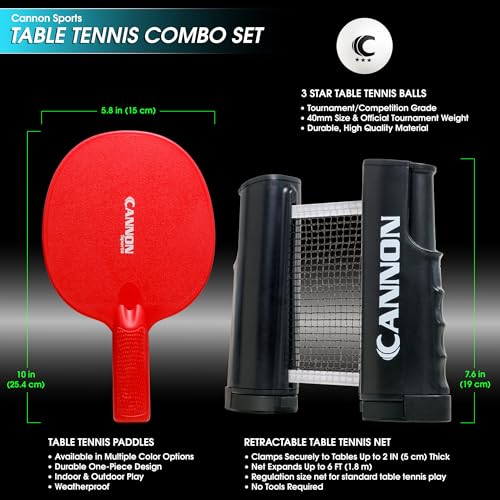 Cannon Sports Table Tennis Set – 4 Unbreakable Paddles, 6 3-Star Balls, Retractable Net & Carry Bag – Clamp-On Portable Ping Pong Net Fits Tables up to 2 Inch Thick, Extends to 6 Feet
