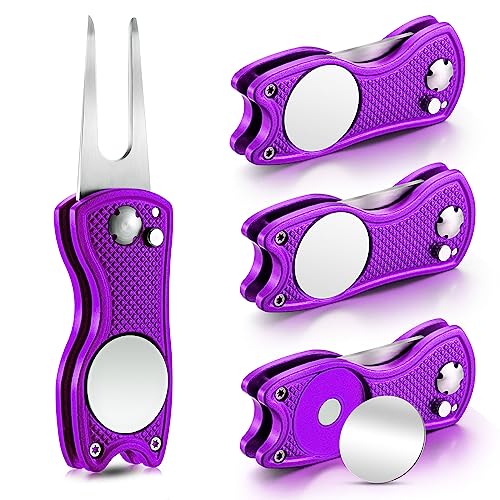Skylety 4 Pcs Golf Divot Repair Tool Metal Foldable Golf Divot Tool with Magnetic Pop-up Button Ball Marker Stainless Steel Switchblade for Golfers Prizes - color: Purple