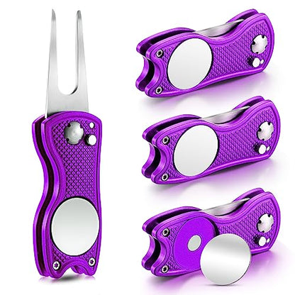 Skylety 4 Pcs Golf Divot Repair Tool Metal Foldable Golf Divot Tool with Magnetic Pop-up Button Ball Marker Stainless Steel Switchblade for Golfers Prizes - color: Purple