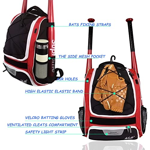 WOLT Youth Baseball Bag - Bat Backpack for Baseball, T-Ball & Softball Equipment & Gear, Bat & Glove Holder, Large Main Compartment for Helmet & accessories, Separate Shoes Compartment, Fence Hook - color: Red