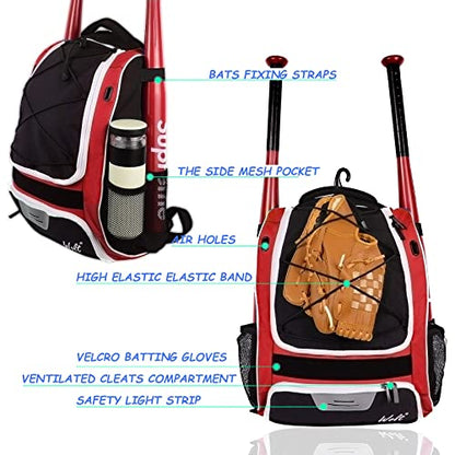 WOLT Youth Baseball Bag - Bat Backpack for Baseball, T-Ball & Softball Equipment & Gear, Bat & Glove Holder, Large Main Compartment for Helmet & accessories, Separate Shoes Compartment, Fence Hook - color: Red