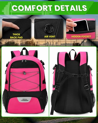 Hsmihair Basketball Backpack Large Sports Bag for Men&Youth,Gym Bag with Separate Ball & Shoes Compartment,Travel Bag for Basketball,Soccer,Volleyball - color: Deep Pink