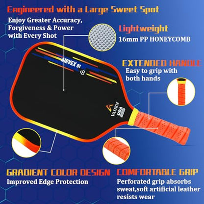 Pickleball Paddles |16MM Carbon Fiber Pickleball Paddle | High-Spin Textured Surface & Vibrant Gradient Edge | USAPA Approved Racket for Ultimate Power,Control & Precision - color: Orange