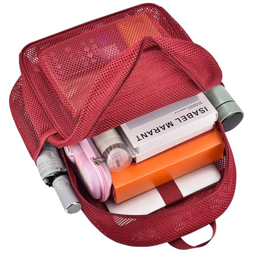 Oraben Heavy Duty Mesh Backpack with Rain Cover – Ventilated Swim & Gym Bag with 15.6” Laptop Sleeve, Large See Through Beach/School Backpack (Rose Red) - color: Rose Red