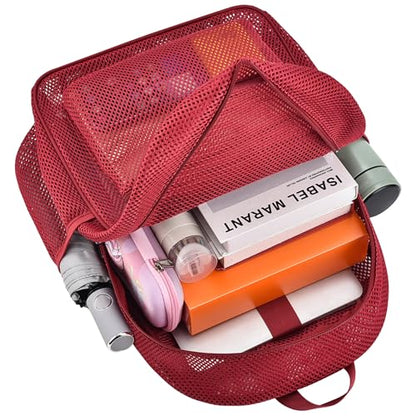 Oraben Heavy Duty Mesh Backpack with Rain Cover – Ventilated Swim & Gym Bag with 15.6” Laptop Sleeve, Large See Through Beach/School Backpack (Rose Red) - color: Rose Red