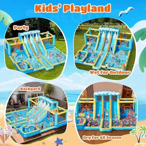 FBSPORT Inflatable Bounce House Water Slide, 3 Slides & 2 Bouncers 10-in-1 Water Slide Park Bounce House with 950W Blower, Bouncy Castle for Kids Backyard Party Outdoor, with Water Gun, Splash Pool