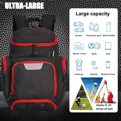 LARIPOP Basketball Backpack with Ball & Ventilated Shoe Compartment Insulated Pockets for Men Youth Training - color: Red