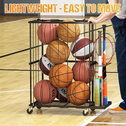 Garage Ball Storage With Baseball & Badminton Holder: Floor Sports Equipment Organizer, Sports Ball Rack With Elastic Rope, Ball Holder for Basketball, Soccer, Volleyball, Football, Garage, Gym, Black - size: Small, style: With Wheels And Bat Holder,Recta