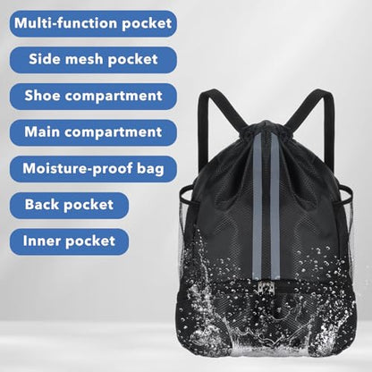 Drawstring Gym Bag with Shoe Compartment and Side Mesh Pockets, Waterproof Sports Drawstring Backpack, Wet and Dry Separation String Backpack for Women Men, Suitable for Fitness, Swimming, Football