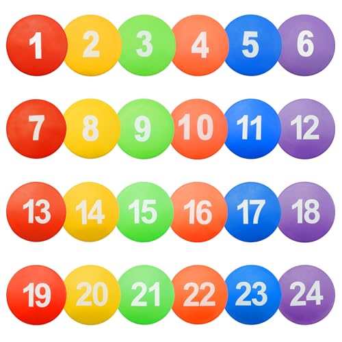 24 Pack Poly Vinyl Spot Markers, 9 Inches Non-Slip Rubber Poly Dots, Waterproof Flat Filed Cones for Agility Drills, Sport Activities, Fitness Workouts and Games, 6 Colors