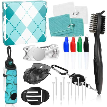 Golf Accessories Kit Golf Club Cleaning Kit Club Groove Cleaner Brush Divot Repair Tool Golf Towel with Clip Ball Bag with Hook Ball Alignment Kit Marking Pen Golf Gift Set Women - color: Teal