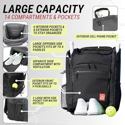 Pickleball Bag - Large Oversized Backpack Fits: 4+ Paddles, 2 Water Bottles, Laptop, Shoe Compartment, Fence Hook, Black