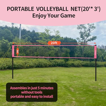 20FT Outdoor Volleyball Net Set System for Backyard Beach with Anti-Sagging Net, Iron Adjustable Height Poles, Soft PU Volleyball and Pump, Carry Bag - Instant Set Up & Durable