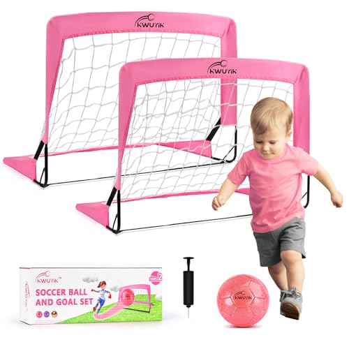 4Pcs Soccer Goals Set 2Pcs Soccer Nets 2x1.5ft 1Pcs Ball 1Pcs Pump Indoor Soccer Nets for Kids with Size 2 Toddler Soccer Ball Foldable Net with Pump Pink Purple for Children Boys Girls - color: Pink