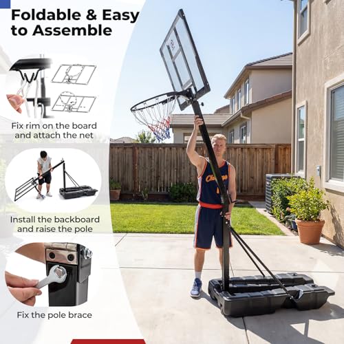 Goplus Foldable Basketball Hoop, 10 FT Stepless Adjustable Basketball Goal System w/Fillable Base, Wheels & Shatterproof PC Backboard for Adults, Indoor Outdoor Portable Basketball Stand for Backyard
