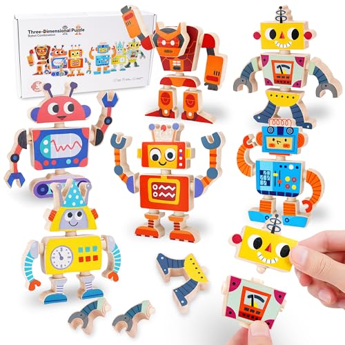 Wooden Robot Building Blocks Toys, STEM Montessori Preschool Toys for 3+ Year Old Toddlers, 35 Pcs Snap Together Take Apart Toy Playset for Kids Ages 3-5, Boys Girls Christmas Birthday Gifts