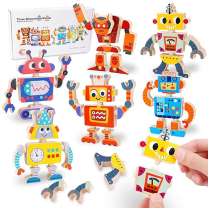 Wooden Robot Building Blocks Toys, STEM Montessori Preschool Toys for 3+ Year Old Toddlers, 35 Pcs Snap Together Take Apart Toy Playset for Kids Ages 3-5, Boys Girls Christmas Birthday Gifts