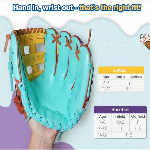 Ice Cream Baseball Glove - Safe, Lightweight Youth Baseball Glove - Adjustable Wrist Baseball Gloves Youth 8-12 - H Web Multi-Positions Boys & Girls Softball Glove - Ice Cream Baseball Gloves