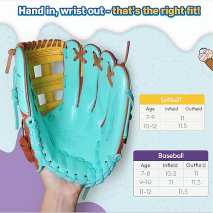 Ice Cream Baseball Glove - Safe, Lightweight Youth Baseball Glove - Adjustable Wrist Baseball Gloves Youth 8-12 - H Web Multi-Positions Boys & Girls Softball Glove - Ice Cream Baseball Gloves