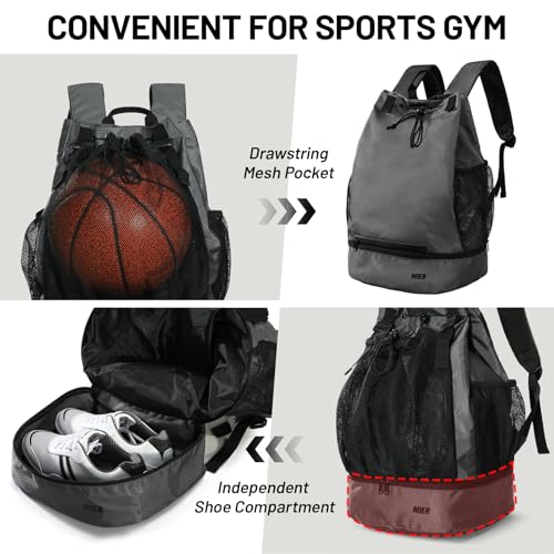 MIER Drawstring Basketball Backpack Soccer Bag with Shoe Compartment & Mesh Pocket Sports Gym String Backpack for Women Men, Lightweight - color: Gray