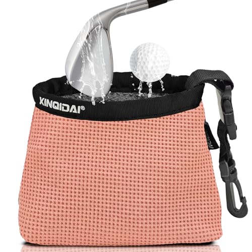 Golf Club and Golf Ball Cleaning Bag - Cleans Club Grooves, Golf Bag Accessories,Waterproof Clean Face Tech, Detachable Clip, Machine Washable,Golfer Gifts for Men(1-Pack,PINK) - color: PINK