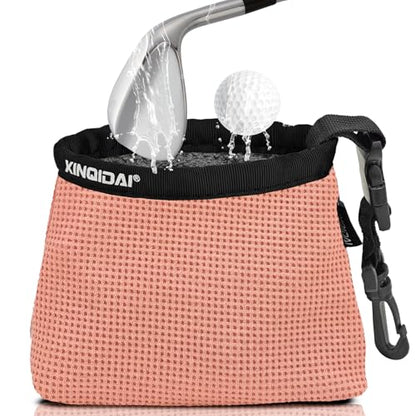 Golf Club and Golf Ball Cleaning Bag - Cleans Club Grooves, Golf Bag Accessories,Waterproof Clean Face Tech, Detachable Clip, Machine Washable,Golfer Gifts for Men(1-Pack,PINK) - color: PINK