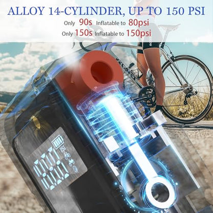Tiny Bicycle Pump with Gauge, Max 150 PSI Electric Mini Pump, Auto Stop, with Presta and Schrader Valve for E-Bike, MTB, and Road Bike,with LED Night Lighting