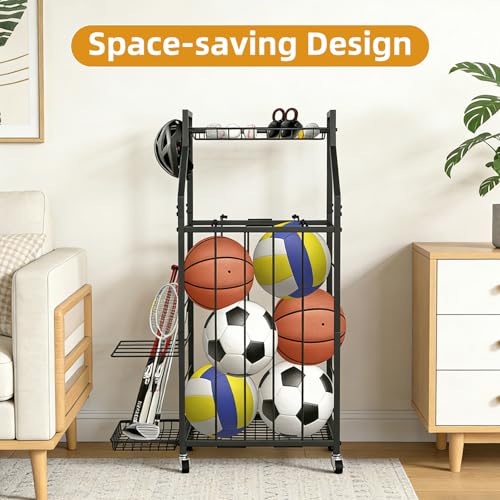 hanmir Ball Storage Rack for Garage, Rolling Sports Ball Organizer with Wheels, Baskets and Hooks, Sports Equipment Storage for Basketball Soccer Football, Garage Organizer (Black)