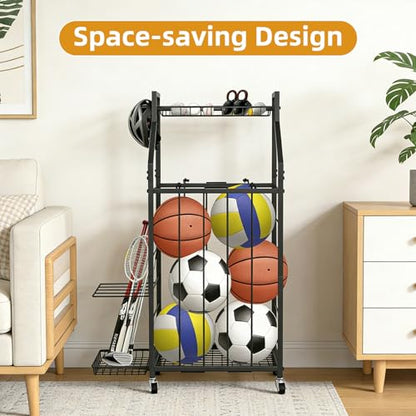 hanmir Ball Storage Rack for Garage, Rolling Sports Ball Organizer with Wheels, Baskets and Hooks, Sports Equipment Storage for Basketball Soccer Football, Garage Organizer (Black)