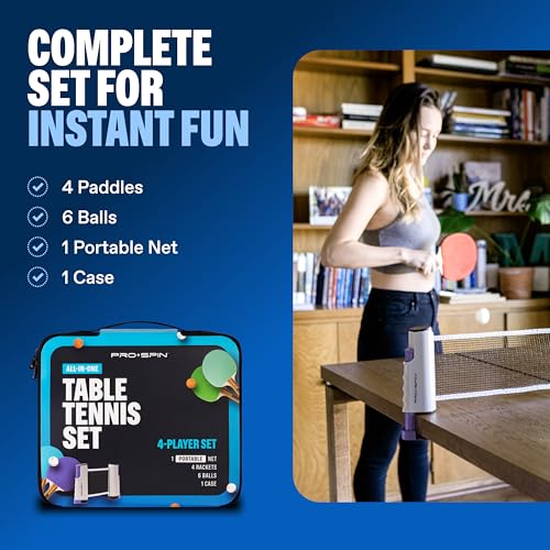 PRO-SPIN Portable Ping Pong Set with Retractable Ping Pong Net for Any Table, All-in-One Table Tennis Set with Ping Pong Paddles, Balls & Case, Table Top Family Game - color: 4-Player Set | Purple/Blue/Mint/Green