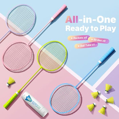 AboveGenius Badminton Rackets Set, Lightweight Badminton Set Includ 4/6 PCS Rackets, 6 Birdies, Outdoor Backyard Games, Racquets for Adults, Teens, Family Beginner - style: 4 Racket+6 Birdies