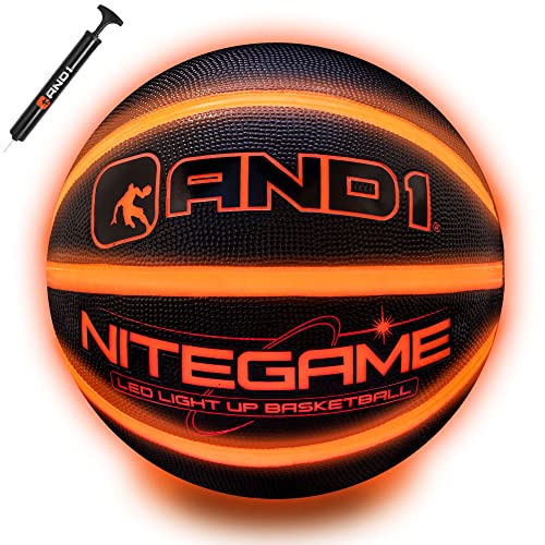 AND1 Nitegame LED Light Up Basketball - Impact Activated Glow in The Dark - Regulation (29.5 inches), for Outdoor or Indoor, Sold Deflated - color: Black/Orange