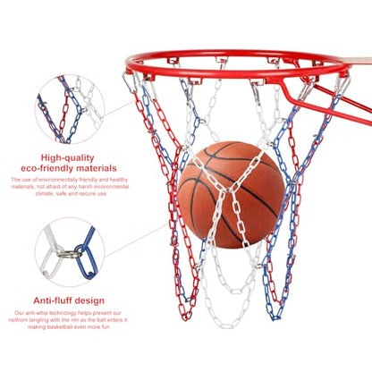 Basketball Net Heavy Duty Replacement,Carbon Steel Chain Basketball net, Anti-Rust Use Indoor Outdoor Standard 12 Loops Hoop - color: 2 blue/red/white
