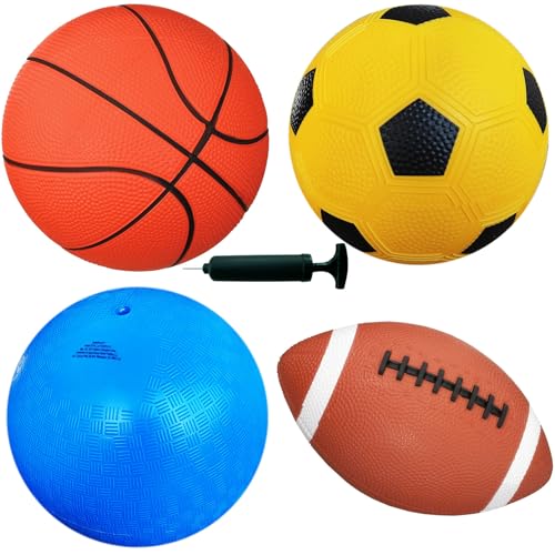 AppleRound 4-Pack Sports Balls for Toddlers & Kids with Pump – 5-Inch Soccer Ball, Basketball, Playground Ball & 6.5-Inch Football – Soft Small Balls for Indoor/Outdoor Play (Ages 2-7) - color: Yellow Soccer Ball Set, size: 5 Inch