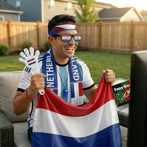 Soccer Fan Gear Set 2026-7 Piece Game Day Kit with Flag, Scarf, Glasses, Whistle, Clapper, Wristband & Headband in Gift Box - Watch Party & Stadium Essentials for Netherlands - color: Netherlands