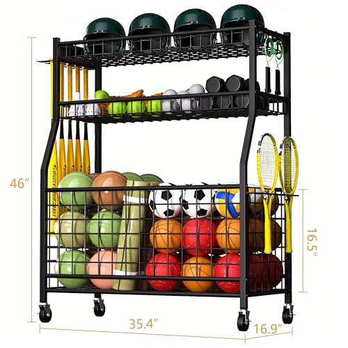 YOHKOH Sports Organizer for Garage, Large Sports Equipment Organizer Cart with 5 Baseball Stick Holders, Ball Storage Rack, Heavy-Duty Garage Sports Gear Storage with Wheels