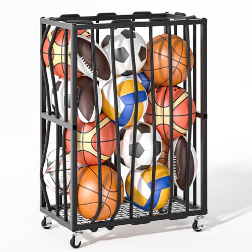 Ball Sports Organizer Storage Cart, Garage Metal Rolling Bin with Thicker Elastic Rope, Ball Holder Rack with Wheels for Volleyball, Basketball, Football, Toys, Gym, Outdoor & Indoor Equipment Storage