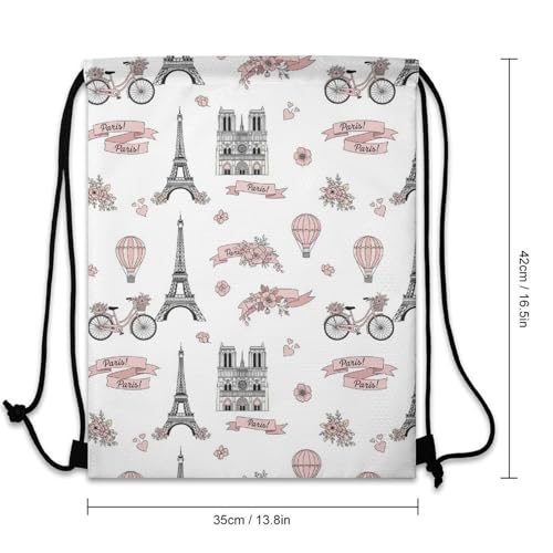 Theft Proof Drawstring Backpack Cinch Sack Water Resistant for Travel Camping Sports Equipment Men Women, Pink Paris Eiffel Tower And Balloon Bags - color: Picture (352)