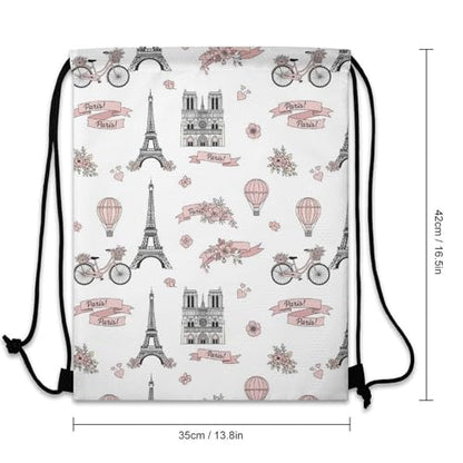 Theft Proof Drawstring Backpack Cinch Sack Water Resistant for Travel Camping Sports Equipment Men Women, Pink Paris Eiffel Tower And Balloon Bags - color: Picture (352)