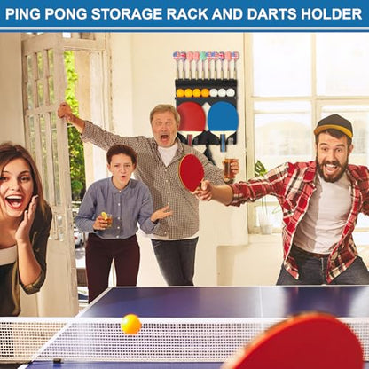 Ping Pong Paddle Holder Wall Mount Hold 8 Paddles, Ping Pong Rack Dart Holder 2-in-1, 100% Solid Wood Table Tennis Organizer, Black