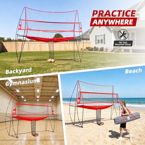 2-in-1 Volleyball Practice Net Station with Patented 5-Height (6'6'' to 8'), Heavy Duty Training System for Hitting Spiking Serving, Backyard Indoor Outdoor Trainer Equipment