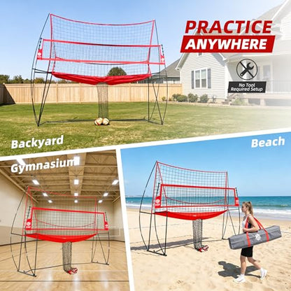 2-in-1 Volleyball Practice Net Station with Patented 5-Height (6'6'' to 8'), Heavy Duty Training System for Hitting Spiking Serving, Backyard Indoor Outdoor Trainer Equipment