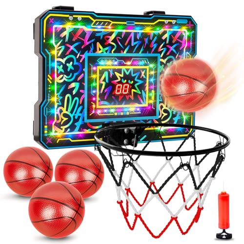 Indoor Mini Basketball Hoop, Over the Door Basketball Hoop with LED Lights/Scoreboard/4 Balls, Upgraded Reinforced Backboard Frame, Basket Ball Toys Gift for Kids Ages 3-5-12+ Boys Girls - color: Colorful Graffiti