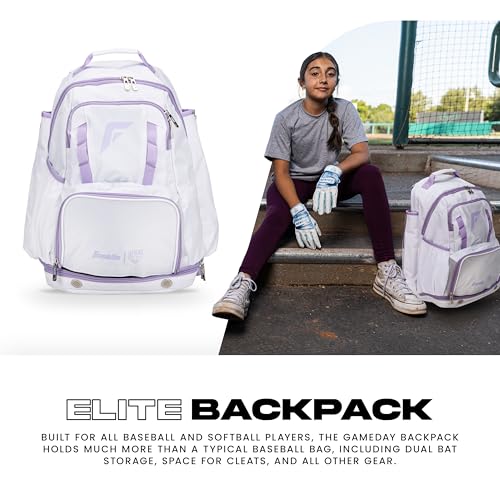 Franklin Sports USA SB Gameday Fastpitch-Softball Backpack – Adult +Youth Softball + Baseball Equipment + Bat Bag – Stores Batting Gloves, Helmet, Cleats - Waterproof Premium Batpack - color: White/Lilac