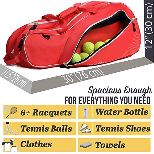 Athletico 6 Racquet Tennis Bag | Padded to Protect Rackets & Lightweight | Professional or Beginner Tennis Players | Unisex Design for Men, Women, Youth and Adults (Red)