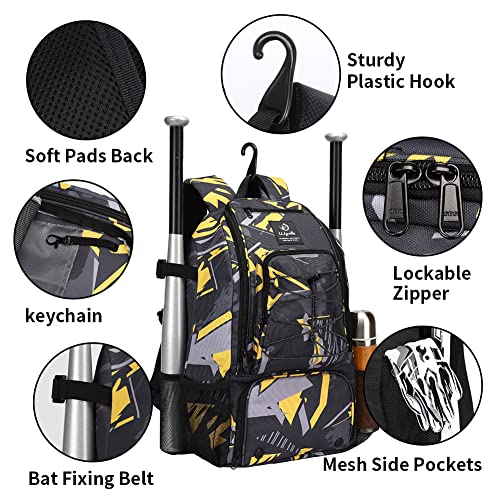 Sports Baseball&Softball Bat Bag For Youth｜Adults, Baseball Equipment Backpack Bag with Shoe Compartment,Fence Hook,Holds Bat, Helmet, Glove - color: Mix Yellow