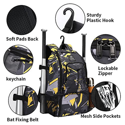 Sports Baseball&Softball Bat Bag For Youth｜Adults, Baseball Equipment Backpack Bag with Shoe Compartment,Fence Hook,Holds Bat, Helmet, Glove - color: Mix Yellow