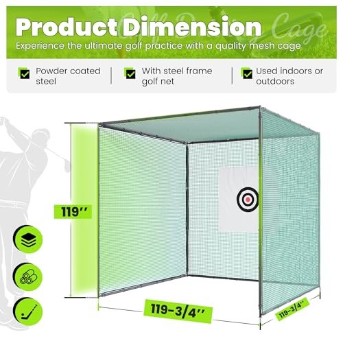 KUAFU Golf Driving Cage 10x10x10ft Golf Practice Cage Hitting Cage with Steel Frame Golf Nets Backyard for Full Swing and Chipping Practice Indoor or Outdoor, green、black, BL3100